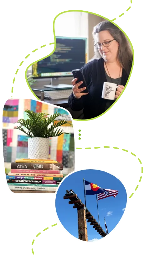 Photo of a woman looking down at her phone, a photo of a stack of books, and a photo of the Colorado flag.