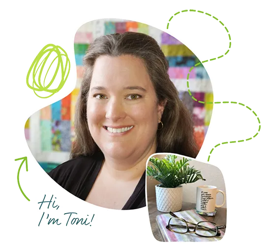 Image of a woman with a blurred colorful background with text that says Hi, I'm Toni