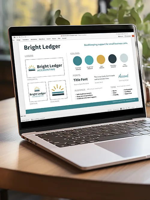 A mockup of a filled out brand guidelines template