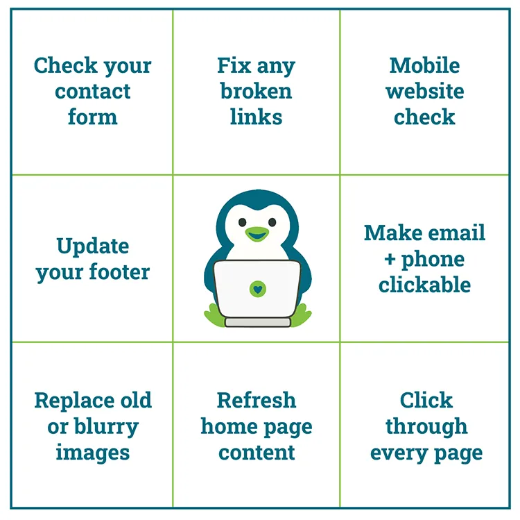 Downloadable Website Bingo card with 9 simple site cleanup tips and a penguin mascot in the center.