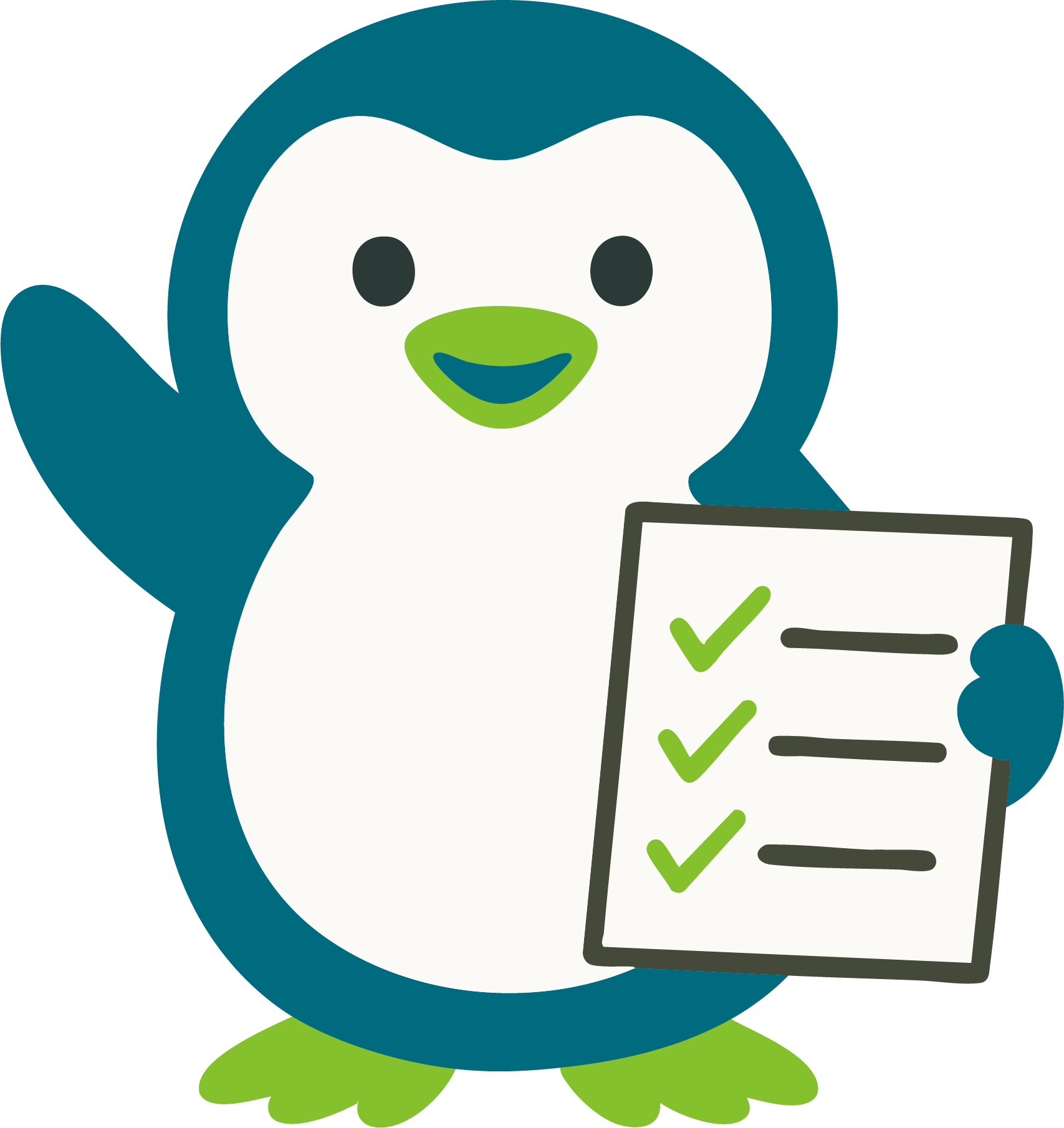 A cartoon of Ty the penguin holding a checklist