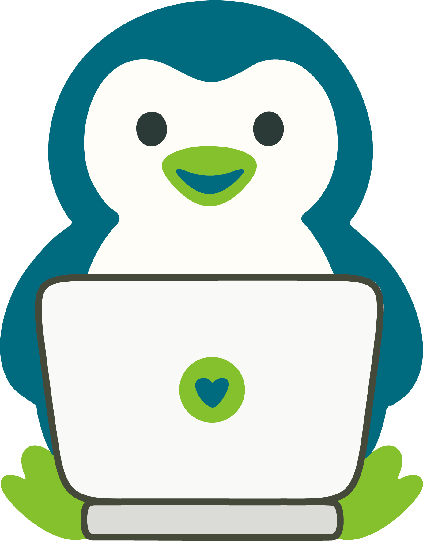 An illustration of Ty the penguin sitting in front of a laptop