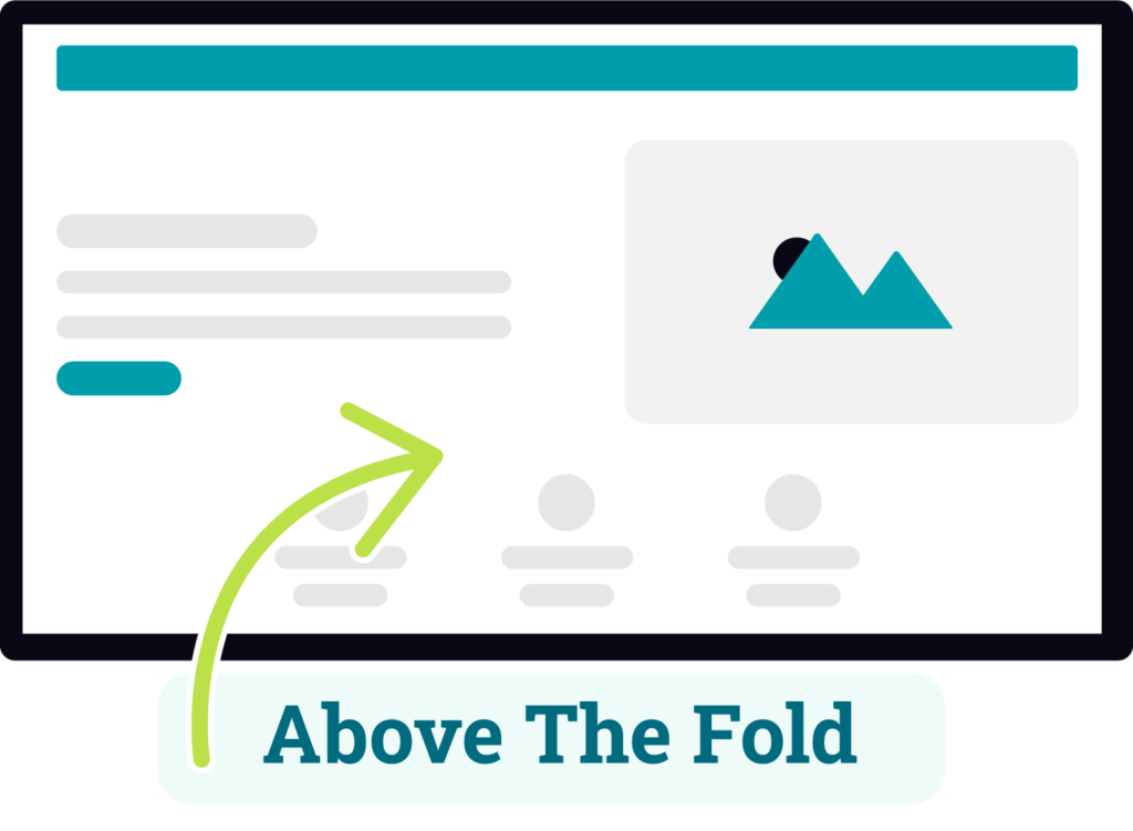 A graphic showing the a website on a computer monitor with an arrow pointing to what is visible in the window. The label reads Above the Fold