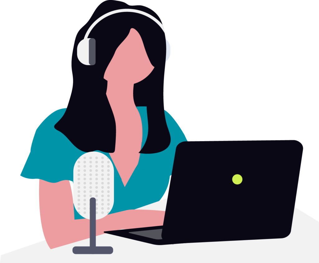 Illustration of woman working on a computer with headphones on.